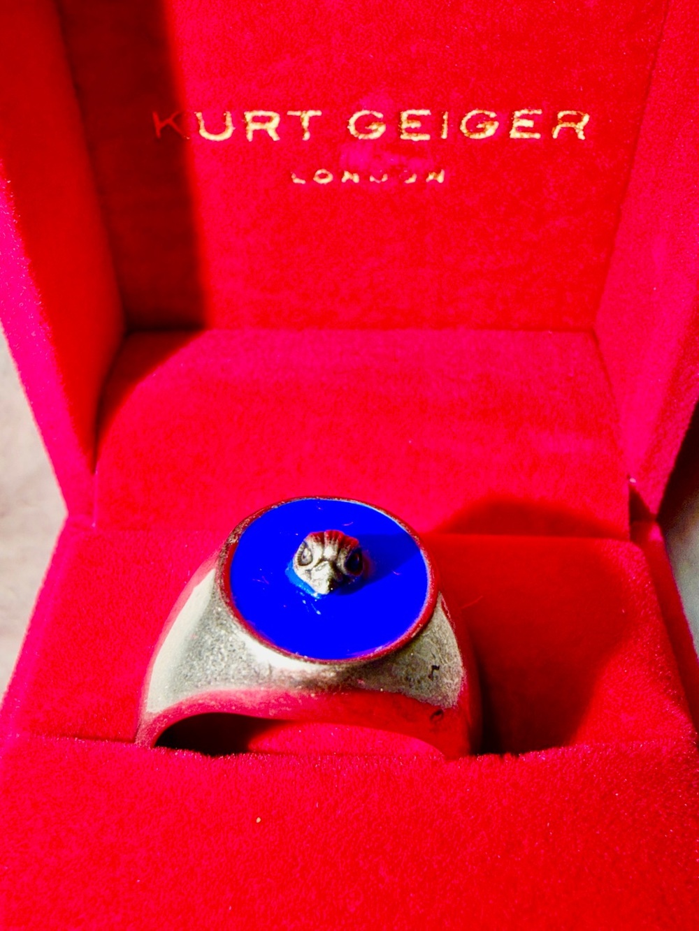 Kurt Geiger Silver Signet Ring with Blue Enamel Size large 8-9 NWT